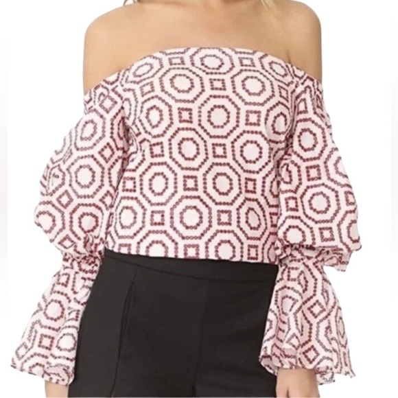 Alexis Micael Embroidered Eyelet Off-The-Shoulder Top Red White Small - Picture 9 of 13